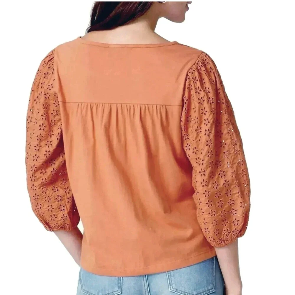 J.Crew Peasant Top Womens L Orange Eyelet Embroidered Cotton Boho Style AS023